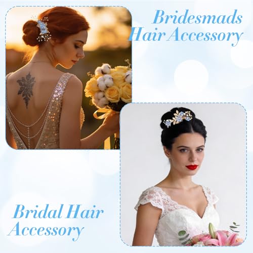 5 Pcs Bridal Hair Comb Pins Wedding Hair Piece Blue Flower Rhinestone Hairs Clips for Women Vintage Blue Wedding Accessories Floral Bun Updo Hairs Comb for Weddings Party Brides Bridesmaid Women