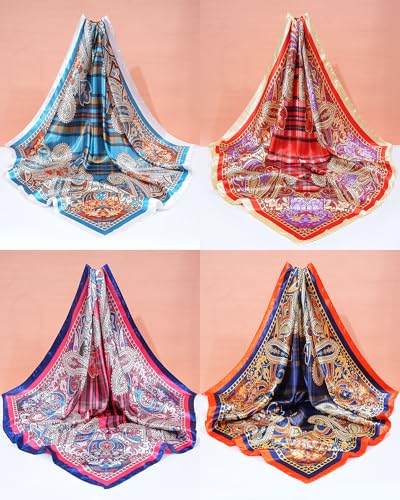 Molans 35" Silk Satin Square Head scarves - 4Pcs Large Scarfs Hair Bandana Head Kerchief Neck Scarf Sleeping Wraps for Women - color: Red, Blue, Orange, Pink