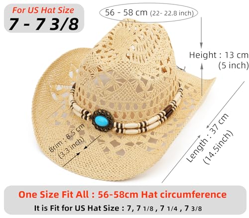 Straw Cowboy Hat, Western Cowgirl Hat, Wide Brim Sun Beach Hat for Men and Women - color: Beige-m23
