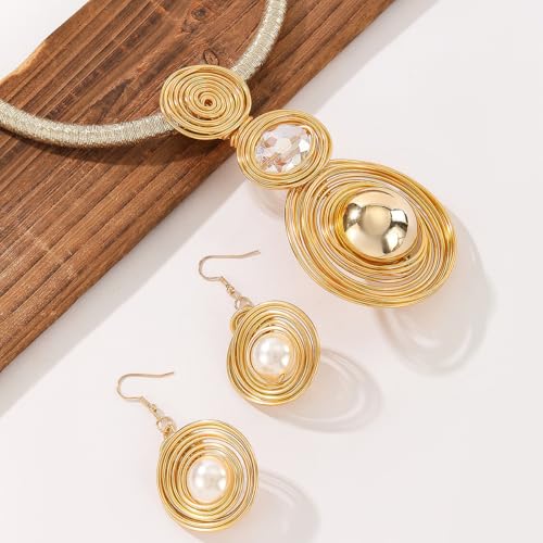 Large Spiral Pearl Rhinestone Pendant Necklace Earring Set for Women Handmade Chunky Statement Collar Choker Fashion Ethnic Tribal Wire Wrapped Adjustable Rope Chain Banquet Party Dress Jewelry - color: Gold