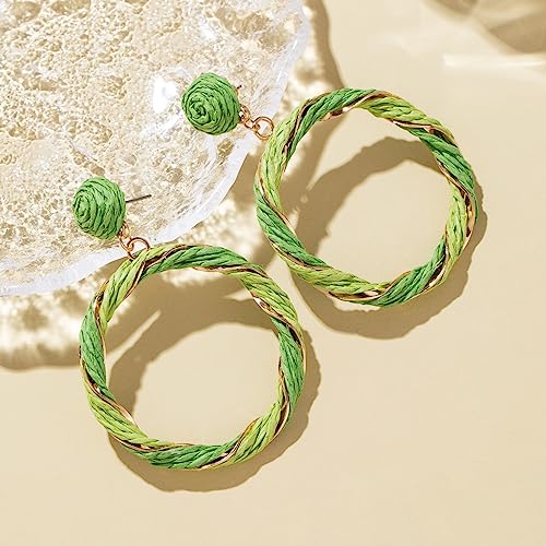Boho Raffia Hoop Dangle Earrings Twisted - Statement Rattan Round Geometric Earrings For Summer Beach Vacation - color: GREEN