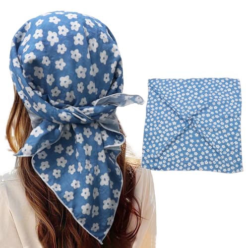 Bandanas for Women Men 21"x21" Floral Headband Scarf Versatile Hair Bandana Square Head Scarf - color: White Flowers in Sky Blue
