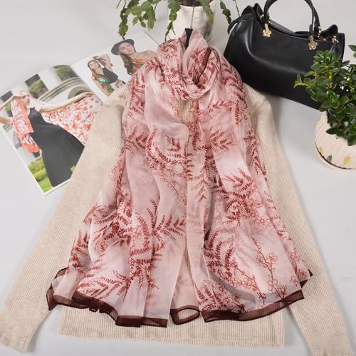 100% Mulberry Silk Women's Neck Silk Scarf-Lightweight Shawl,FLoral Print Beach Silk Wrap-Scarves for Photography - color: Burgundy Leaves
