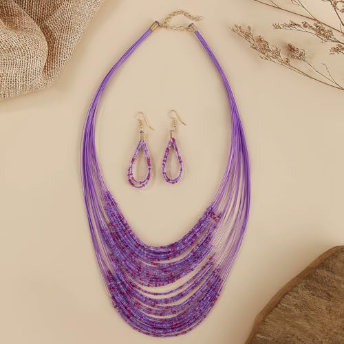Bohemian Colorful Beaded Earrings Necklace Geometric Teardrop Dangle Earrings Multi-layered Stackable Choker Necklaces Boho Seed Bead Chain Statement Beach Party Accessories - color: Purple