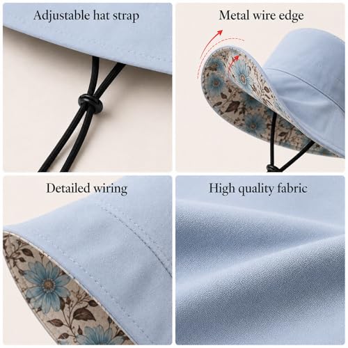 HUAMULAN Women Summer Sun Hat Wide Brim Wired Edge Floral Beach Bucket Hats Reversible Foldable Travel UV Protection Lady Hat - color: M2320-blue