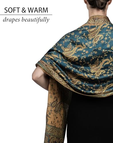 Achillea Reversible Paisley Pashmina Rave Scarf – Exotic Indian Shawls and Wraps for Evening Dresses, Festivals, All Seasons - color: Dark Seagreen