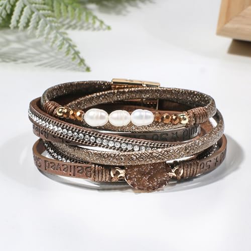 Artilady Leather Wrap Bracelets for Women - Pearl Bracelets Handmade Clasp Bangle Bracelet with Beads Jewelry Gift for Women and Mother - style: So She Did, Brown