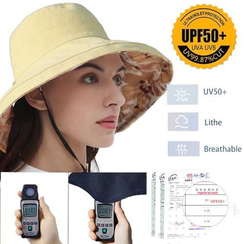 vidsel Womens Sun Hats Wide Brim Reversible Bucket Cotton Hat Packable Summer Travel Cap with Hat Clip,UV Protection - color: Yellow, size: Medium