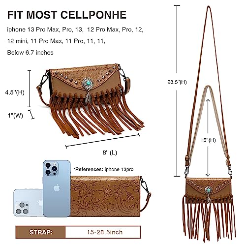 LAVAWA Small Crossbody Bags for Women Crossbody Handbag Fringe Purse Tassel Shoulder Bag Turquoise Concho Wallet - color: Western Brown