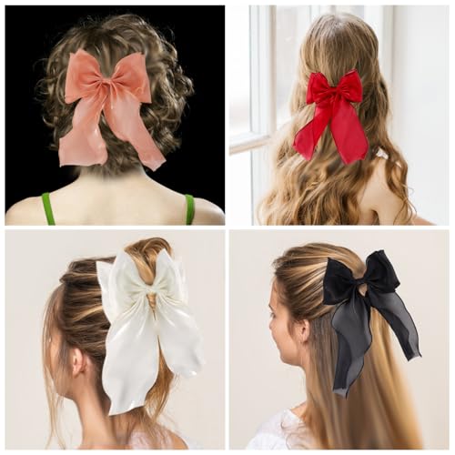 Large Hair Bow Clips for Women, White Bow Hair Barrettes with Long Tail French Hair Ribbon Clips Hair Accessories for Girls (White) - color: White