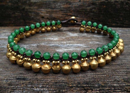 Infinityee888 Trendy Fashion Anklet Green Jade and Brass Bell Ankle Bracelet 10 Inches Woven with Wax Cord Beautiful Handmade Hippie Bohemian Style - size: 10 inches