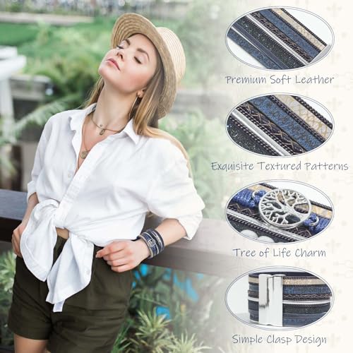 Leather Wrap Bracelet for Women, Boho Cuff Bracelet with Strong Clasp, Multi-Layer Crystal Leather Bracelet for Valentine Mother's Day - color: 02-Tree of Life-Blue