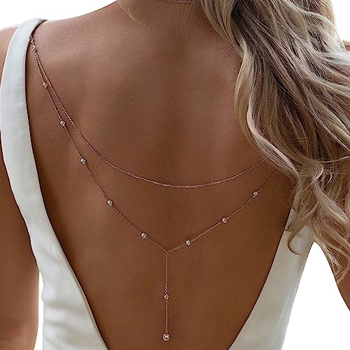 Wedding Multi-layered Rhinestone Back Chain Necklace Layered Bridal Crystal Back Chain Jewelry Festival Rave Rhinestone Backdrop Jewelry Dress Shoulder Body Chain Jewelry for Women - color: Rhinestone-silver