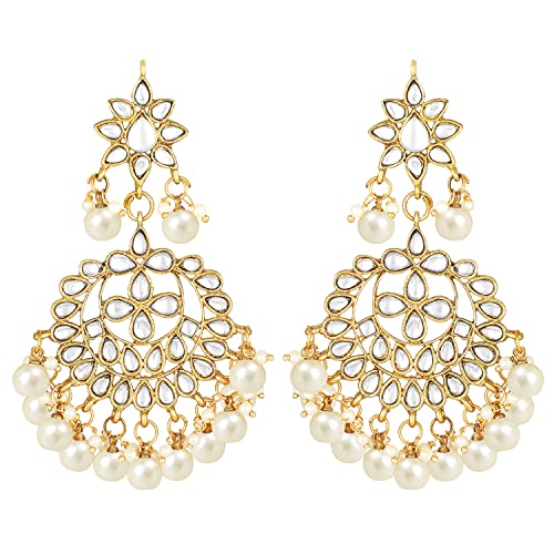 Aheli Faux Kundan Beaded Necklace Earrings Maang Tikka Indian Bollywood Ethnic Jewelry Set Gift for Women - color: White