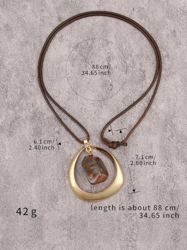 GelConnie Leather Necklace for Women Round Wooden Pendant Long Leather Choker Vintage Sweater Necklace Gold Chunky Boho Necklaces for Women - style: Brown Stone Leather Necklace