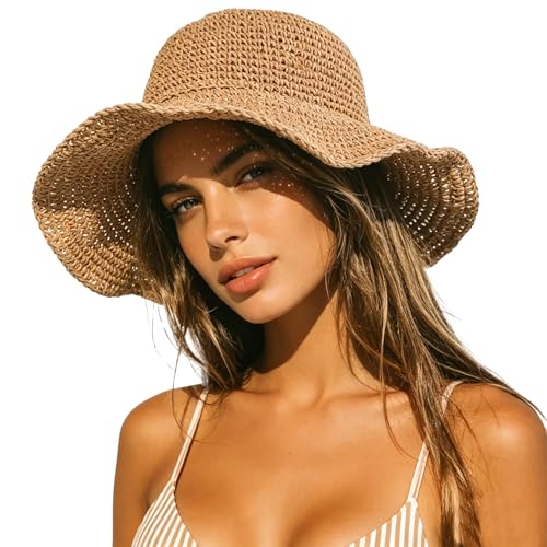 Straw Bucket Hat for Women Foldable Summer Beach Sun Hats Wide Brim Crochet Floppy Hat for Vacation Travel Shade & Style - color: Khaki-b