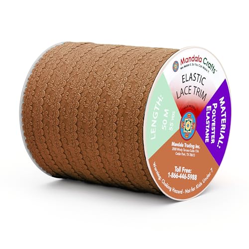 Mandala Crafts Brown Stretch Lace Soft Elastic Trim Roll - 55 Yards 1 Inch Wide Stretchy Frilly Picot Ribbon for Sewing Lingerie, Headbands, Underwear, and Crafts - color: Brown