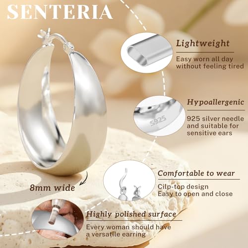 Senteria 12mm Wide Thick Hoop Earrings 925 Sterling Silver Hoop Earrings for Women Hypoallergenic 14K Real Gold Plated Hoops Large Earring Lightweight Chunky Hoops Earring for Women 25/30/40/50MM - color: silver 8-30mm