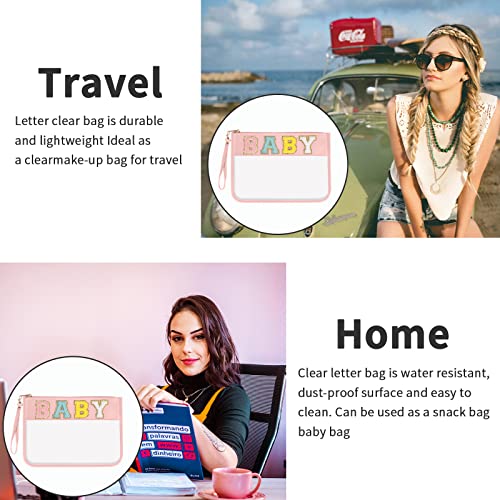 Iqimott Chenille Letter Clear Bag Baby Pouch, Monogram PVC & PU Makeup Cosmetic Bag Zipper Toiletry Pouch, Portable Travel Beach Snack Wristlet Bags for Women Girls(Baby, Pink) - color: Baby-Pink