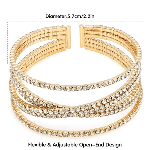 Women's Multi-Layer Rhinestone Cuff Bracelet Sparkling Crystal Tennis Bangle for Bridal Wedding Party - color: 1203 Gold
