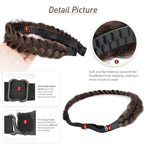 2PCs Braided Headband with teeth Handmade Messy Wide Synthetic Hair Elastic Stretch Fluffy Hairpiece for Brides (Copper Brown) - color: Copper Brown
