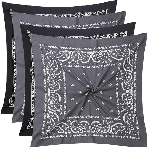 Mochabao 100% Cotton 27" x 27" Large Bandanas for Men & Women, Multi-Purpose Bandana Headbands, Square Head Scarf - color: Black/Gray