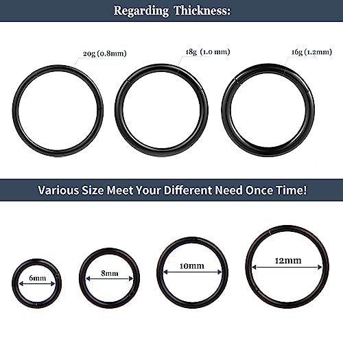 4Pcs 16G 18G 20G Surgical-Steel-Piercing-Ring-Nose-Rings-Hinged-Hoop-Earrings,6mm 8mm 10mm 12mm Seamless Stainless Steel Clicker Eyebrow Septum Piercing Hoop,Sliver Black Gold Rose Gold Rainbow Body Jewelry Set - color: 18G 8mm Silver