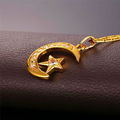 U7 Allah Necklace for Women/Men, 18K Gold Plated Square/Oval/Coin/Heart/Crescent Moon Islamic Pendant Necklace Muslim Jewelry with Chain - color: 01.Crescent Moon gold