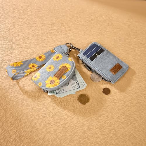 Wrangler KeyChain Wristlet Wallets for Women Sunflower Floral Dual Pouch Wristlet Western Credit Card Holder Wallet with Zipper Pocket - color: Sunflower Jean
