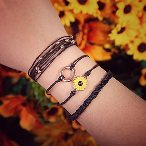 FANCY SHINY Easter Gifts Basket Stuffers Sunflower String Bracelet Boho Braided Rope Wrap Bracelets Cute Summer Beach Surfer Jewelry for Women - color: Black
