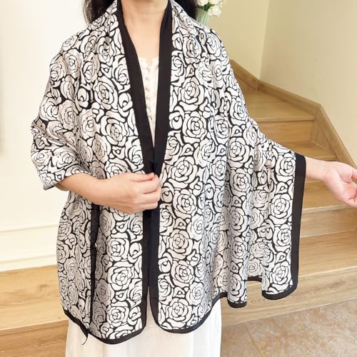 Long Silk Like Scarf Lightweight Satin Scarves Large Sunscreen Shawl Wrap for Women - color: 022.flowers Black and White