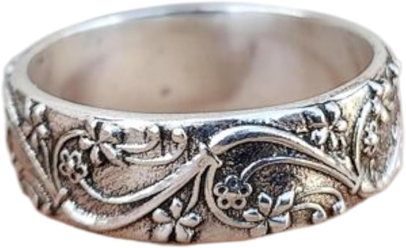 Unique Floral Wedding Band Men Engraved Band's 925 Sterling Silver Flower Design Band Vintage Thumb Ring