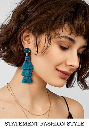 Me&Hz Colorful Layered Tassel Earrings Bohemian Statement Tiered Tassel Big Dangle Drop Earrings for Women Druzy Studs Valentine’s Day Gift - color: Peacock blue