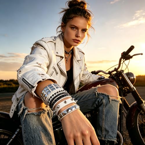 Handmade Black Leather Wrap Studded Bracelets for Women Men, 4Pcs Vintage Punk Wrist Cuff Bangle Wristband Emo Jewelry Gifts - style: White Square Stud Style