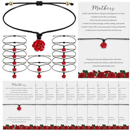 Tondiamo Mother's Day Adjustable Red Rose Flower Bracelets with Wish Postcards Rose Jewelry Gifts for Mom Birthday