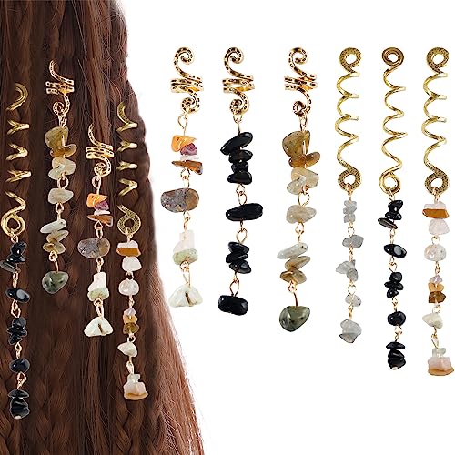 FRDTLUTHW Hair Jewelry Dreadlock Accessories, Natura Stone Hair Charms for Braids, Hair Ring Crystal Hair Accessories for Women(Black, pack of 6) - color: Black, 6Pcs