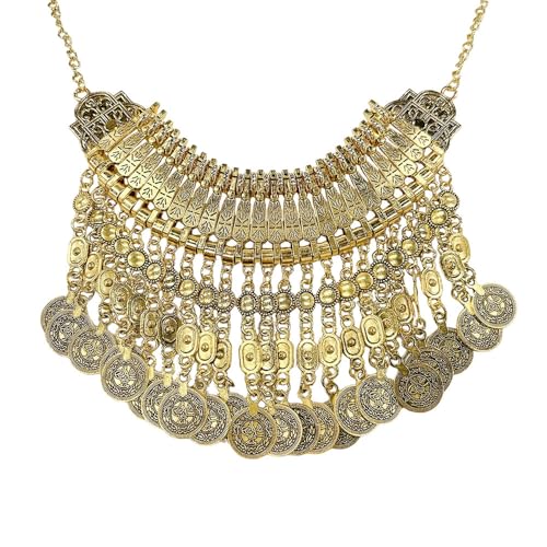 Vintage Tassel Coin Collar Bib Statement Necklace for Women Men Ancient Gold Silver Retro Engraved Exaggerated Short Chunky Boho Choker Ethnic Gypsy Tribal Clavicle Chain Pendant Costume Party Jewelry - color: Ancient Gold