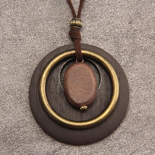 GelConnie Leather Cord Necklace Chain Multilayer Wooden Pendant Necklaces Vintage Jewelry Boho Long Sweater Necklace for Women Men - color: Brown Wood Necklace