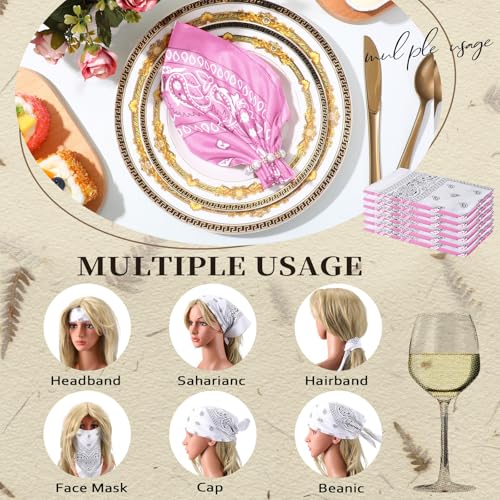 Suhine 12 Pcs Bandanas Bulk for Women Men 22 x 22 Inch Paisley Headband Cowboy Handkerchief Summer Beach Party Costume - color: Pink and White