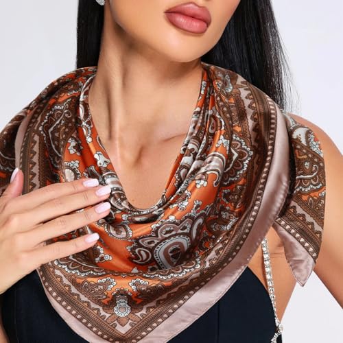 Head Scarf for Women Hair - 2 Pack 35" Square Satin Scarf, Silk Hair Scarf for Women Head Wrap for Sleeping - color: Brown & Black