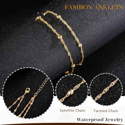 Yalice 925 Silver Ankle Bracelets Chain for Women Dainty 14K Gold Plated Waterproof Beads Anklets Layered Beach Foot Jewelry Gift - color: Gold-Satellite Chain