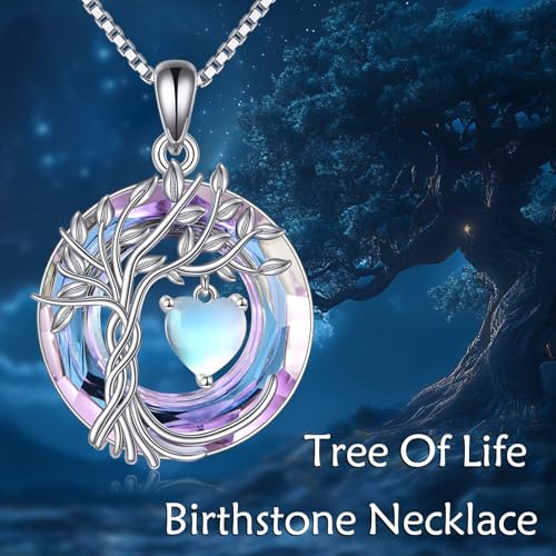 POPLYKE Mothers Day Gifts for Mom Her Wife Tree of Life Necklace 925 Sterling Silver Birthstone Pendant with Crystal Anniversary Birthday Wedding Jewelry for Women - color: 06-Jun-Moonstone, style: White Gold Plated-Amethyst Crystal