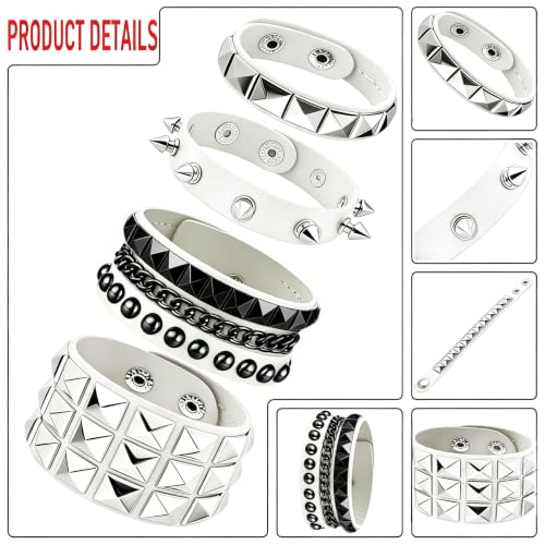 Handmade Black Leather Wrap Studded Bracelets for Women Men, 4Pcs Vintage Punk Wrist Cuff Bangle Wristband Emo Jewelry Gifts - style: White Square Stud Style