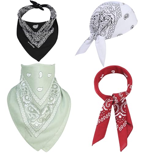 Mochabao 100% Cotton 27" x 27" Large Bandanas for Men & Women, Multi-Purpose Bandana Headbands, Square Head Scarf - color: White/Red/Black/Sage Green