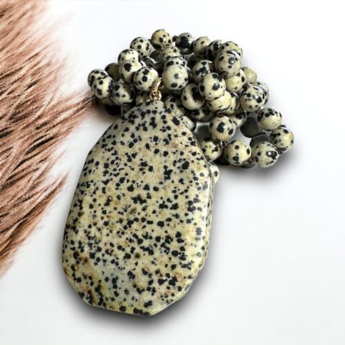 Long Genuine Stone beads and Pendant Necklace for Woman. Hand Knotted natural stone beads with big non-precious stone statement necklace. HANDMADE Boho Jewelry for women. - color: Spotted black and beige