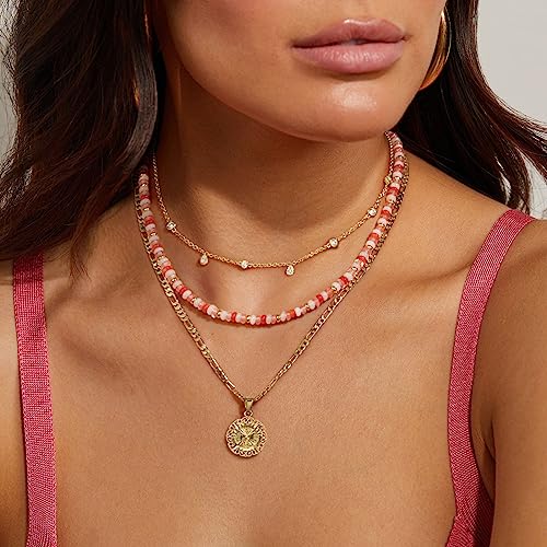 KissYan Boho Beaded Choker Necklace for Women, Gemstone Choker Natural Stone Freshwater Pearl Surfer Necklaces 14K Gold Plated Summer Beach Handmade Jewelry - color: G-Rose Quartz