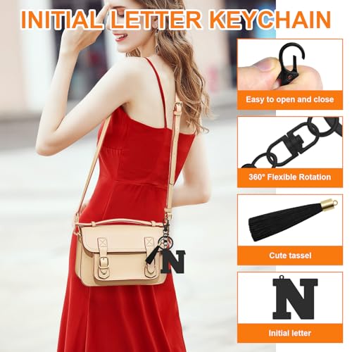 Oubaka Initial Monogram A-Z Keychain for Women, Cute Initial Letter Keychain with Tassel for Handbag Car Key Bag Keyring - color: Black-n