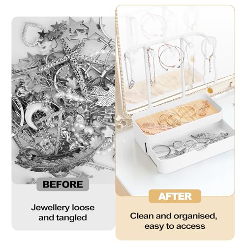 Jewelry Organizer Stand, 2-Tier Necklaces Holder with Wooden Tray and 5 Storage Hooks, Earring Holder with 5 Pcs Jewelry Bags for Bracelet,Chains,Rings,Earrings,Keys Watches (White) - color: Upgraded White