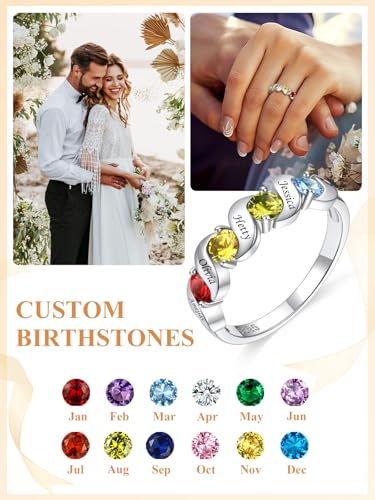 Custom4U Personalized Mothers Ring with 1-5 Birthstones Names Engraved 925 Sterling Silver/14K White Gold Plated Birthstone Rings for Women Promise Ring Birthday Jewelry Gifts for Mom Grandmother Wife - color: 4 Birthstones Ring (Engraved)