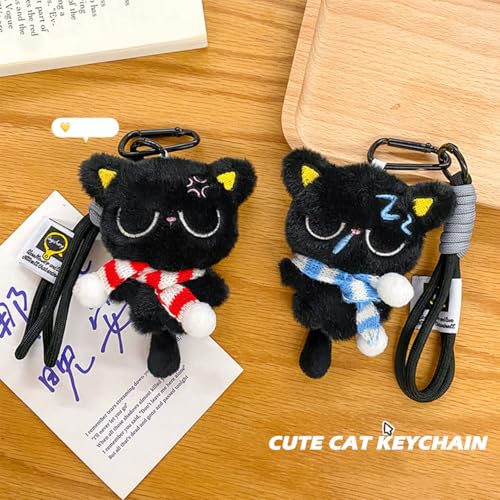 Bag Charm Cute Black Cat Plush Keychain for Handbags Backpacks Purse Keychain Accessories Charm for Cat Lover Gifts Red